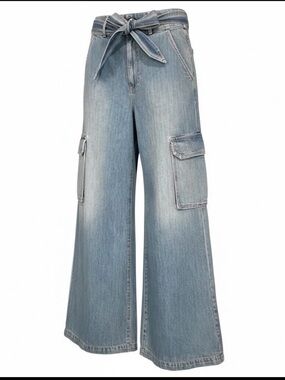 Veronica Beard Light Blue Wide-Leg Cargo Jeans with Tie Waist